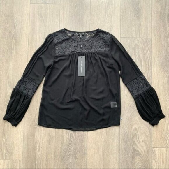 FREE PEOPLE For Love & Lemons Sacramento Blouse Black Sheer Lace Long Sleeve S - Picture 5 of 16